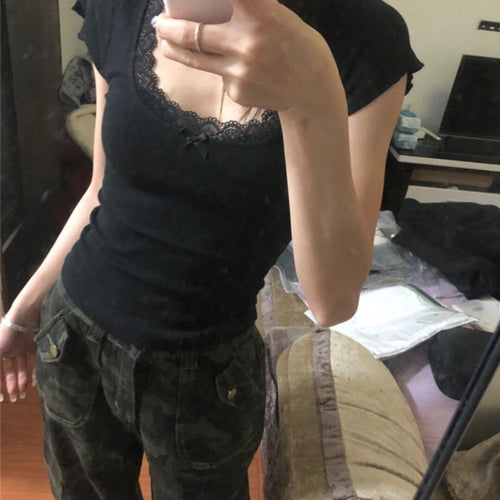 Load image into Gallery viewer, 2025 Y2k Aesthetic Lace Patchwork Crop Top Streetwear Harajuku Women Vintage U Neck T-shirt Streetwear Bow Bottoming Grunge Tees
