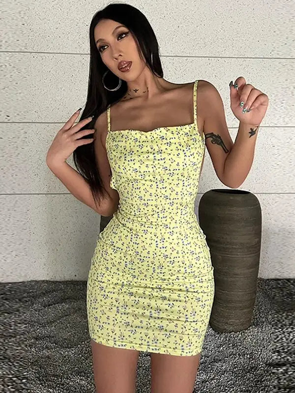 Flower Print Slip Sleeveless Backless Slim Sexy Maxi Dress 2022 Spring Women Elegant Streetwear Party Clothing Concise