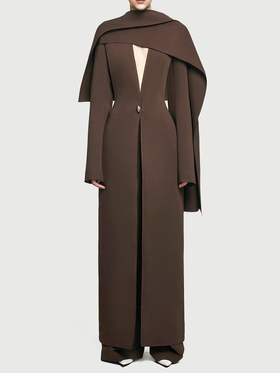 Solid Spliced Button Slimming Jackets For Women V Neck Long Sleeve High Waist Temperament Long Coat Female Fshion