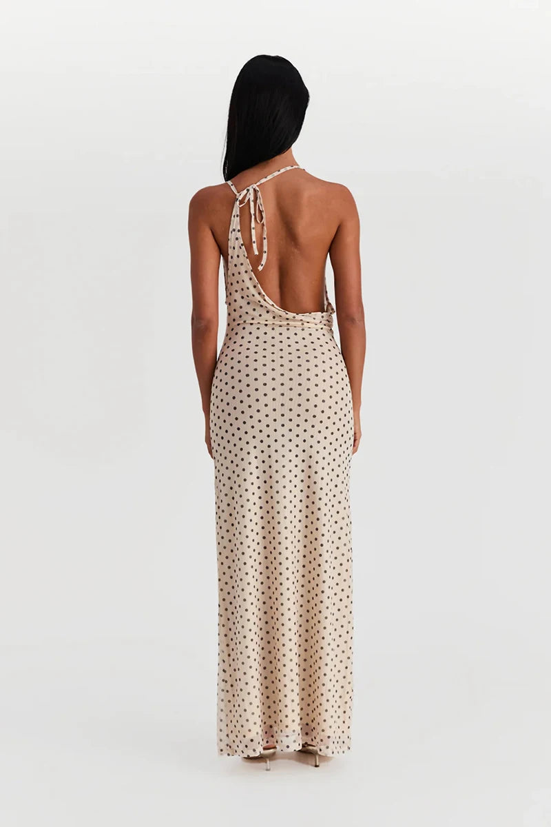 Spaghetti Strap Polka Dot Dress For Women Gown Fashion Irregular V Neck Sleeveless Backless Bodycon Club Long Dress