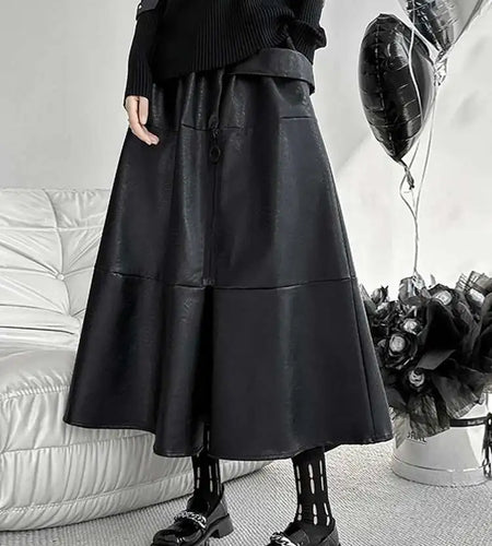 High Elastic Waist Black Pu Leather Zipper Long A-line Half-body Skirt Women Fashion Tide New Spring Autumn 2025 1DH4646