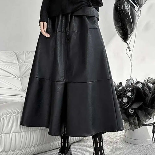 Load image into Gallery viewer, High Elastic Waist Black Pu Leather Zipper Long A-line Half-body Skirt Women Fashion Tide New Spring Autumn 2025 1DH4646
