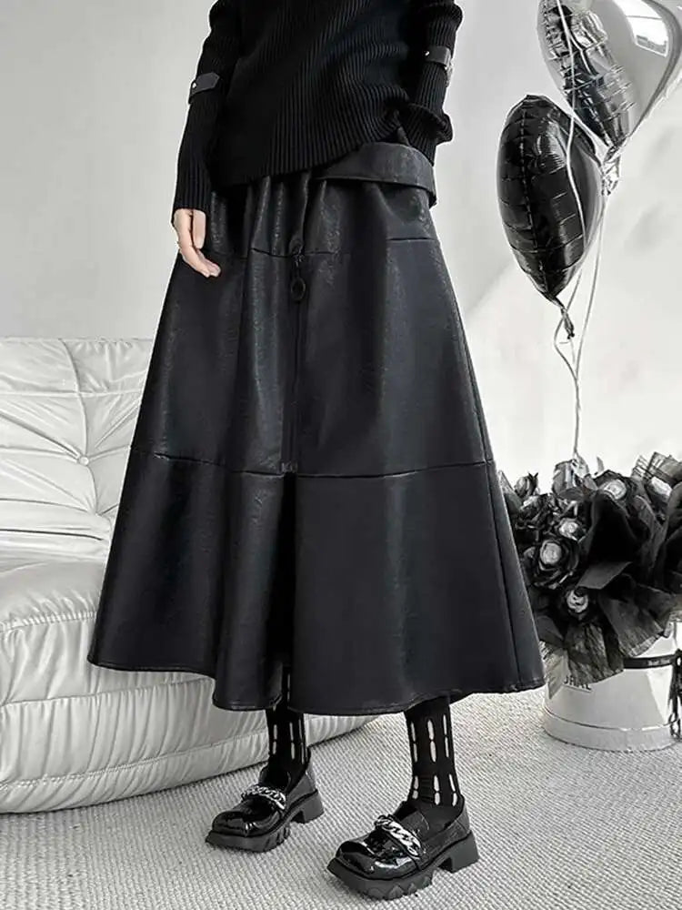 High Elastic Waist Black Pu Leather Zipper Long A-line Half-body Skirt Women Fashion Tide New Spring Autumn 2025 1DH4646
