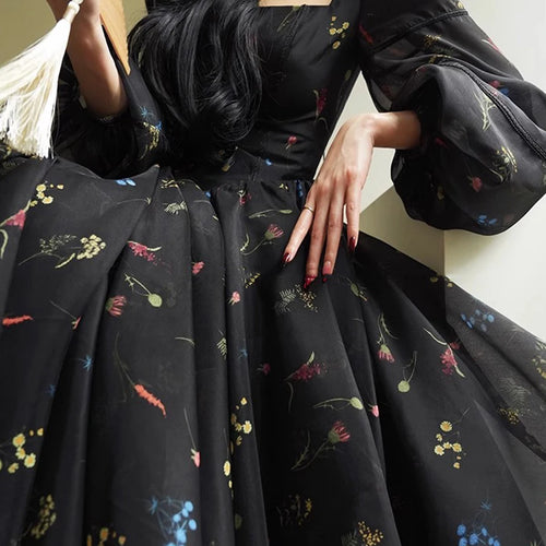 Load image into Gallery viewer, Hit Color Printing Slimming Dresses For Women Square Neck Long Sleeve High Waist Temperament Dres Female Fashion
