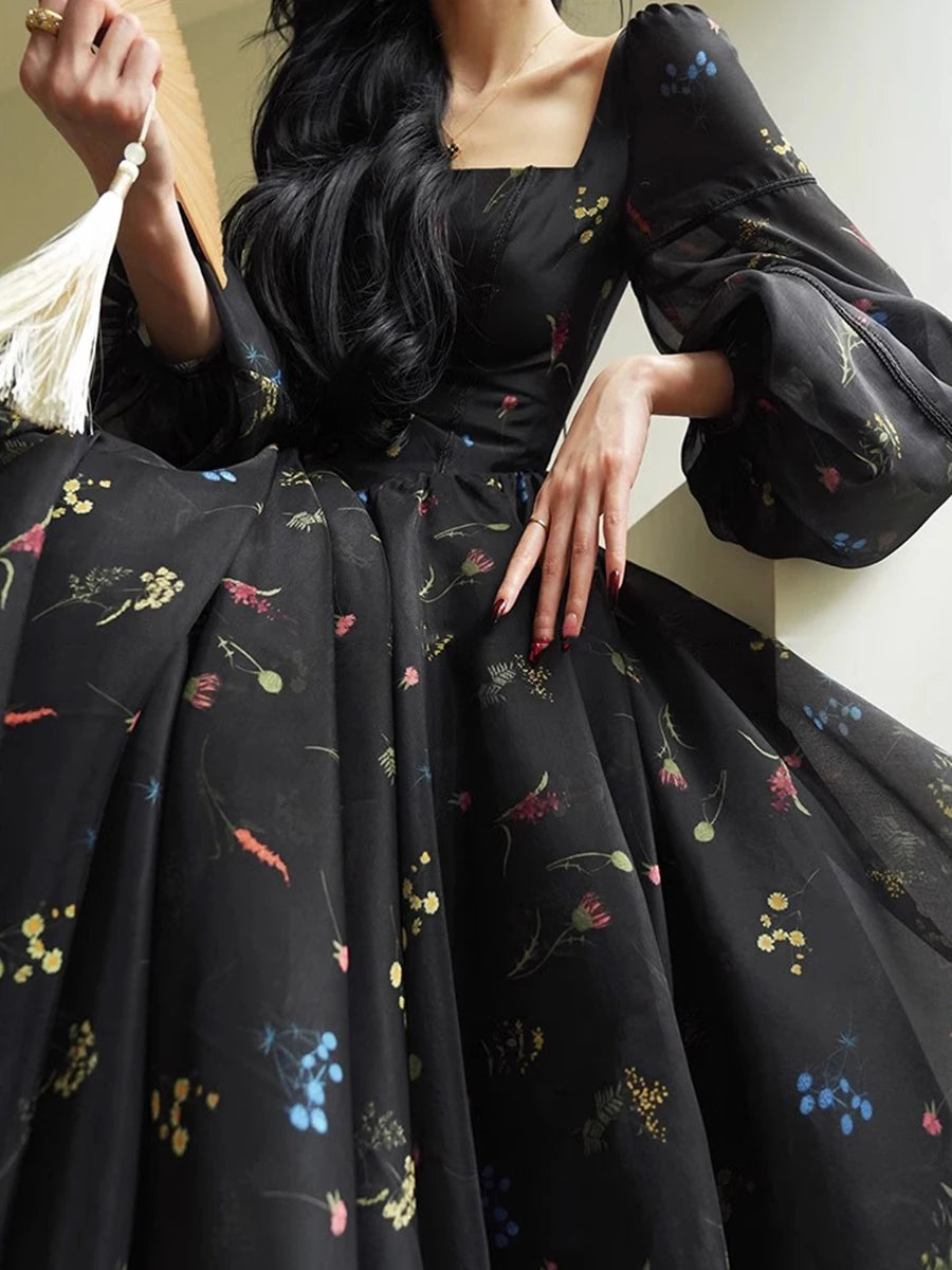 Hit Color Printing Slimming Dresses For Women Square Neck Long Sleeve High Waist Temperament Dres Female Fashion