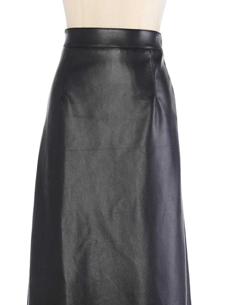 Solid Cut Out Leather Temperament Skirt For Women High Waist Patchwork Zipper Fashion A Line Skirt Female Autumn