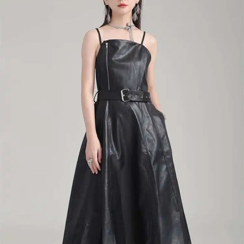 Load image into Gallery viewer, Women Black Pu Leather Belted Long A-line Dress New V-Neck Sleeveless Loose Fit Fashion Tide Spring Autumn 2025 1DH2000
