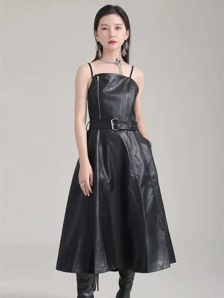 Women Black Pu Leather Belted Long A-line Dress New V-Neck Sleeveless Loose Fit Fashion Tide Spring Autumn 2025 1DH2000