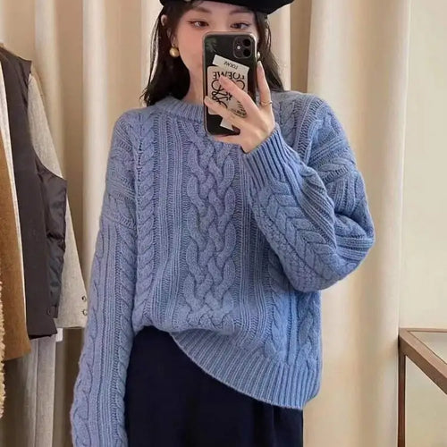 Load image into Gallery viewer, Autumn Winter Blue Elegant Crochet Short Sweater Women Korean Elegent O-neck Long Sleeve Fashion Festival Knit Pullover Tops New

