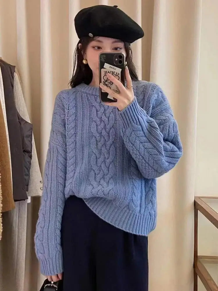 Autumn Winter Blue Elegant Crochet Short Sweater Women Korean Elegent O-neck Long Sleeve Fashion Festival Knit Pullover Tops New