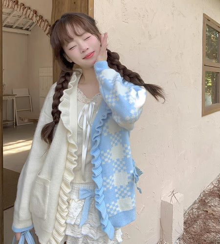 Preppy Style Contrast Color Cardigans Loose Cartoon Embroidery Sweet Knitted Sweater Harajuku Female Ruffled Patchwork Jackets