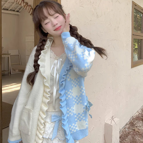 Load image into Gallery viewer, Preppy Style Contrast Color Cardigans Loose Cartoon Embroidery Sweet Knitted Sweater Harajuku Female Ruffled Patchwork Jackets
