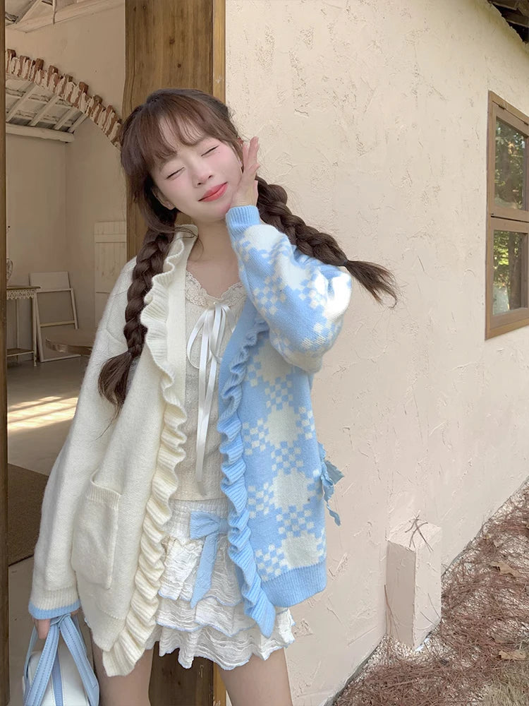 Preppy Style Contrast Color Cardigans Loose Cartoon Embroidery Sweet Knitted Sweater Harajuku Female Ruffled Patchwork Jackets