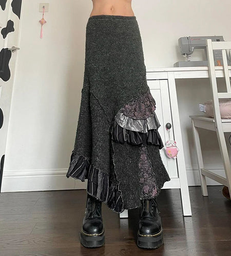 Vintage Patchwork Asymmtrical Maxi Skirts For Women Ruffles Fashion Long Party Low Waist Skirt Female Fairycore Folds