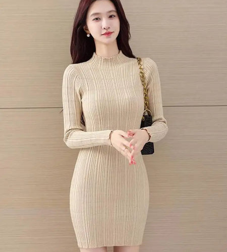 Female Elegant Solid Knitted Short Dress Fashion Half High Neck Long Sleeve Mini Dresses 2023 Autumn Winter Women Party Club New