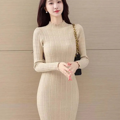 Load image into Gallery viewer, Female Elegant Solid Knitted Short Dress Fashion Half High Neck Long Sleeve Mini Dresses 2023 Autumn Winter Women Party Club New
