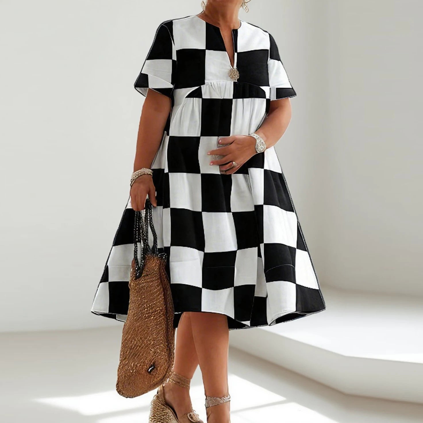 Women Summer Midi Dresses 2025 Black White Plaid Appliques Deep V-Neck Simple Casual Plus Size Dress for Women Fashion