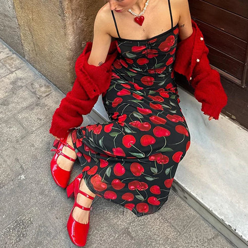 Load image into Gallery viewer, Spaghetti Strap Elegant Summer Long Dress Cherry Printed Fashion Folds Beach Holidays Sundress Sexy Women&#39;s Dresses
