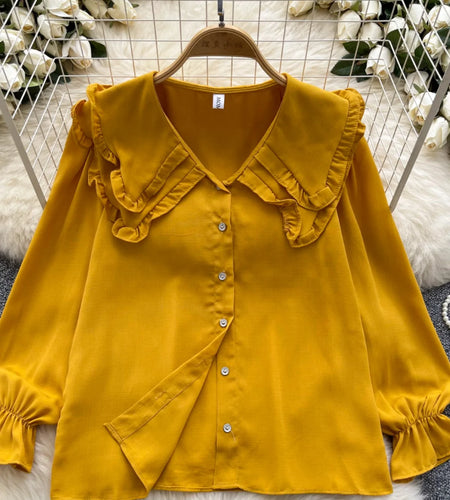 Autumn 2024 Vintage Women Sweet Solid Ruffles Shirts Fashion Ladies Long Sleeves Blouses Chic Single Breasted Tops Clothes Chic