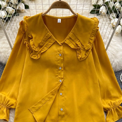 Load image into Gallery viewer, Autumn 2024 Vintage Women Sweet Solid Ruffles Shirts Fashion Ladies Long Sleeves Blouses Chic Single Breasted Tops Clothes Chic
