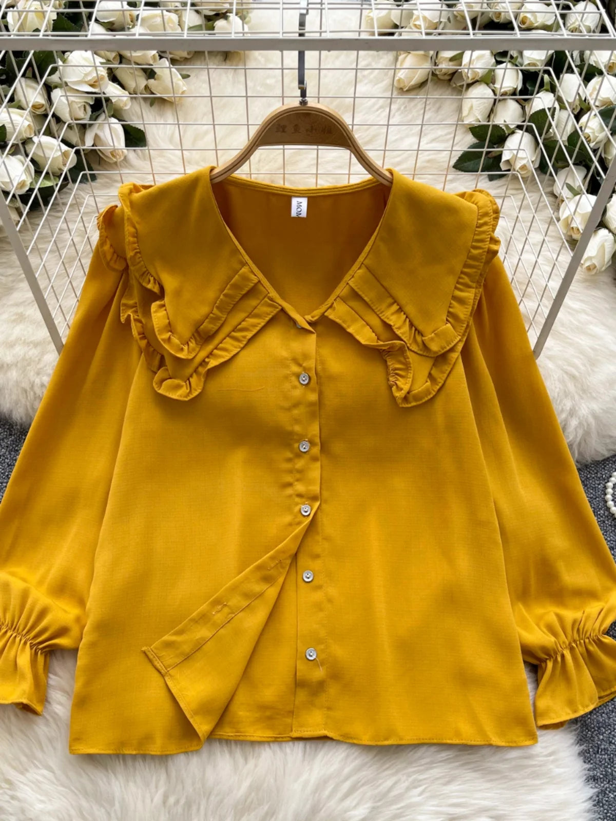 Autumn 2024 Vintage Women Sweet Solid Ruffles Shirts Fashion Ladies Long Sleeves Blouses Chic Single Breasted Tops Clothes Chic