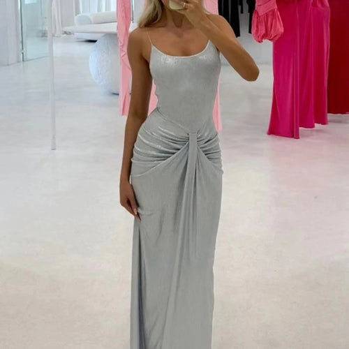 Load image into Gallery viewer, Sliver Spaghetti Strap Sexy Maxi Dress For Women Fashion Sparkle Sleeveless Backless Ruched Beach Club Sexy Long Dress
