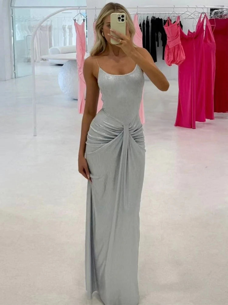 Sliver Spaghetti Strap Sexy Maxi Dress For Women Fashion Sparkle Sleeveless Backless Ruched Beach Club Sexy Long Dress