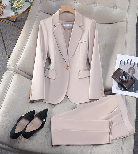 Autumn Winter Two Pieces Suit Women Solid Business Work Single Button Long Sleeves Blazer Coat + High Waist Ankle-length Pant