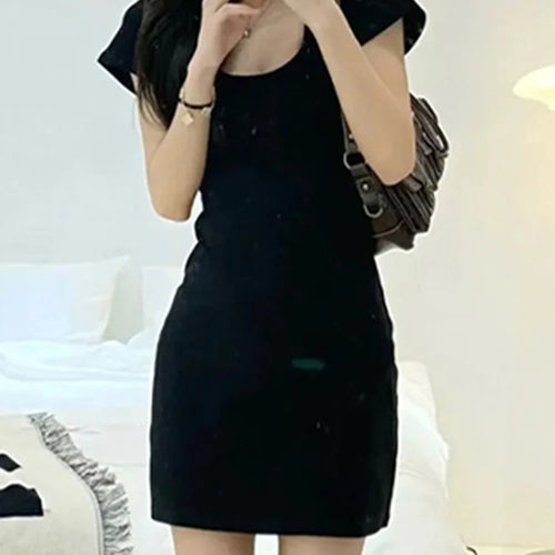 Load image into Gallery viewer, Black Slim Hepburn Style Women&#39;s Dresses New Square Neck Short Sleeve Pure Color Casual Summer Dress Simple Streetwear
