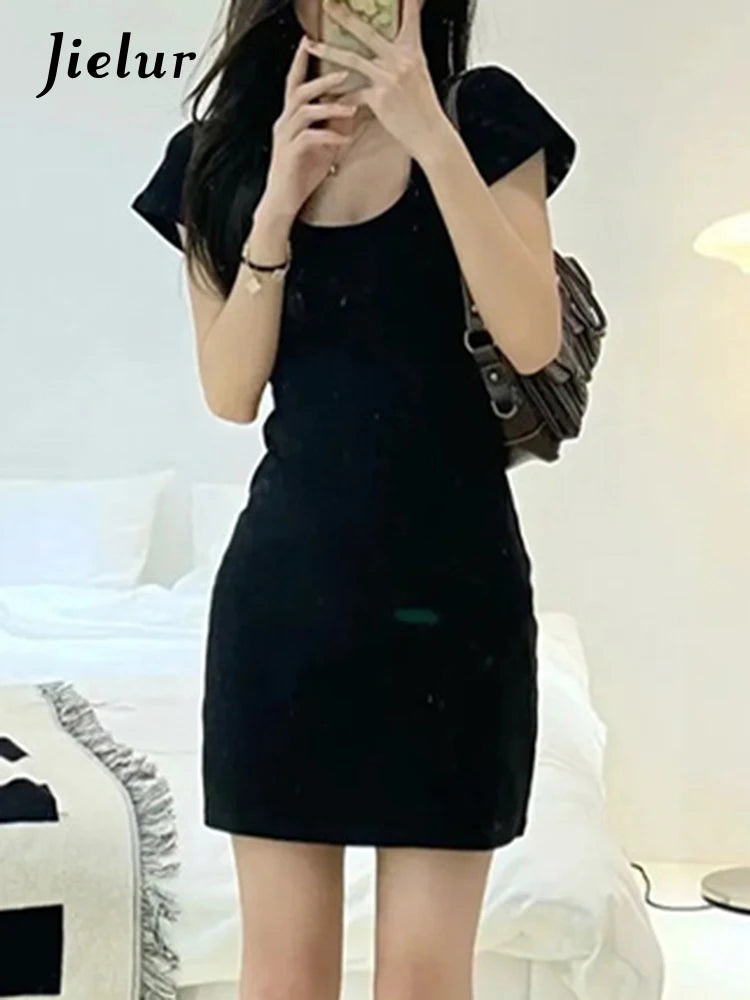 Black Slim Hepburn Style Women's Dresses New Square Neck Short Sleeve Pure Color Casual Summer Dress Simple Streetwear