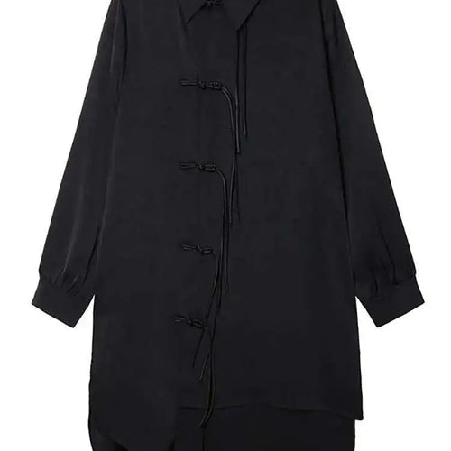 Load image into Gallery viewer, Women Black Irregular Hem Buckle Tassels Elegant Shirt Dress New Lapel Long Sleeve Fashion Tide Spring Autumn 2025 1DH4457

