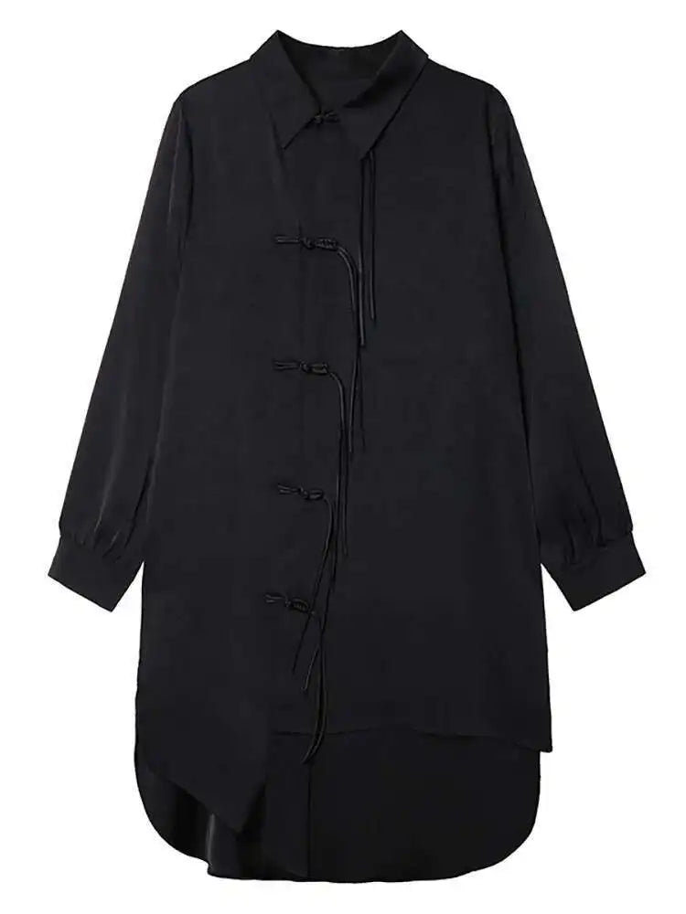 Women Black Irregular Hem Buckle Tassels Elegant Shirt Dress New Lapel Long Sleeve Fashion Tide Spring Autumn 2025 1DH4457