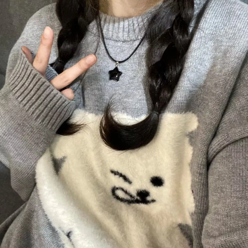 Load image into Gallery viewer, Japanese Grunge Kawaii Cute Flocking Dog Sweaters Women Y2k Aesthetic Casual Loose Jumpers 2025 Autumn New Gentle Gray Pullovers
