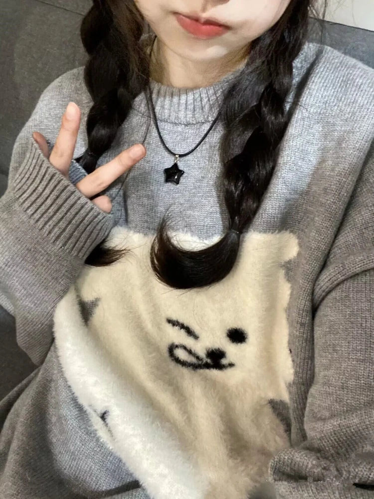 Japanese Grunge Kawaii Cute Flocking Dog Sweaters Women Y2k Aesthetic Casual Loose Jumpers 2025 Autumn New Gentle Gray Pullovers