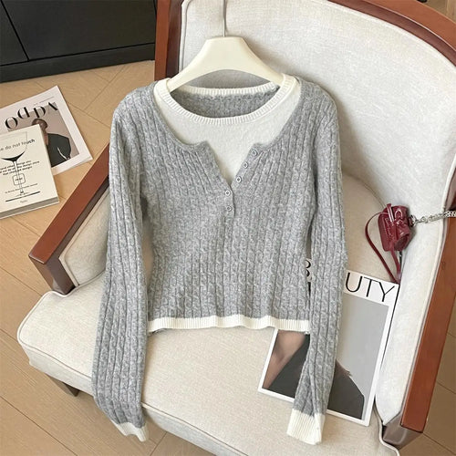 Load image into Gallery viewer, Korean Autumn Winter Patchwork Elegant Button Pullover Short Sweater Women's 2024 New Long Sleeved Knitted Tops Versatile Casual
