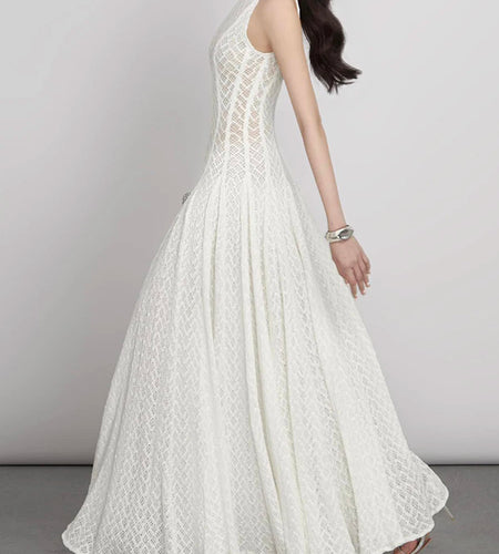 Solid Spliced Appliques Loose Dresses For Women O Neck Sleeveless High Waist Temperament Dress Female Fashion New