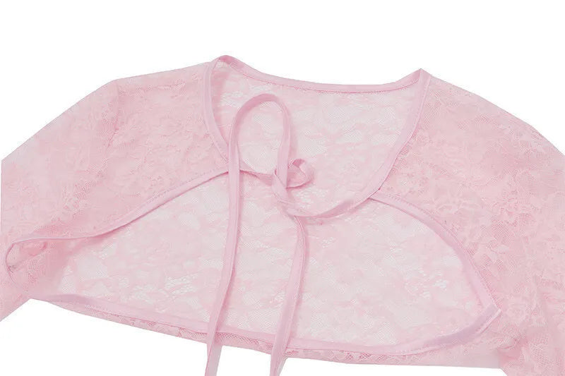 Lace Flare Long Sleeve Sexy Mini Dress For Women Robe Autumn New Pink O Neck A-line High Waist Pleated Dress Elegant