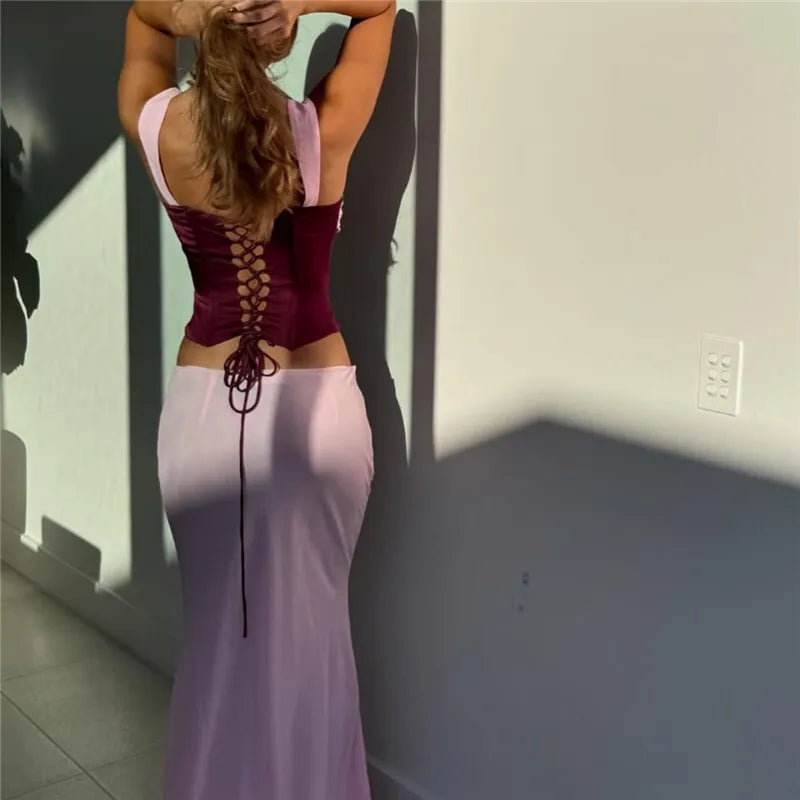 Sexy Skirt Two Piece Sets Women Halter Lace-up Cropped Tops And Maxi Skirt Ladies Fashion Sleeveless 2 Piece Sets