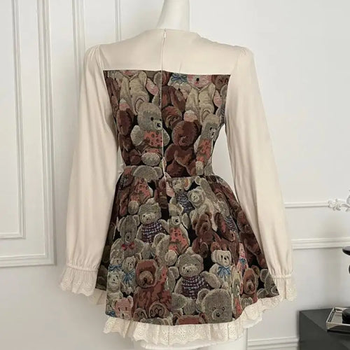 Load image into Gallery viewer, French Retro Women Fashion Beige Floral Patchwork Lace Mini Dress Autumn Winter Sweet Long Sleeved Ruffles Bow Short Dress Boho
