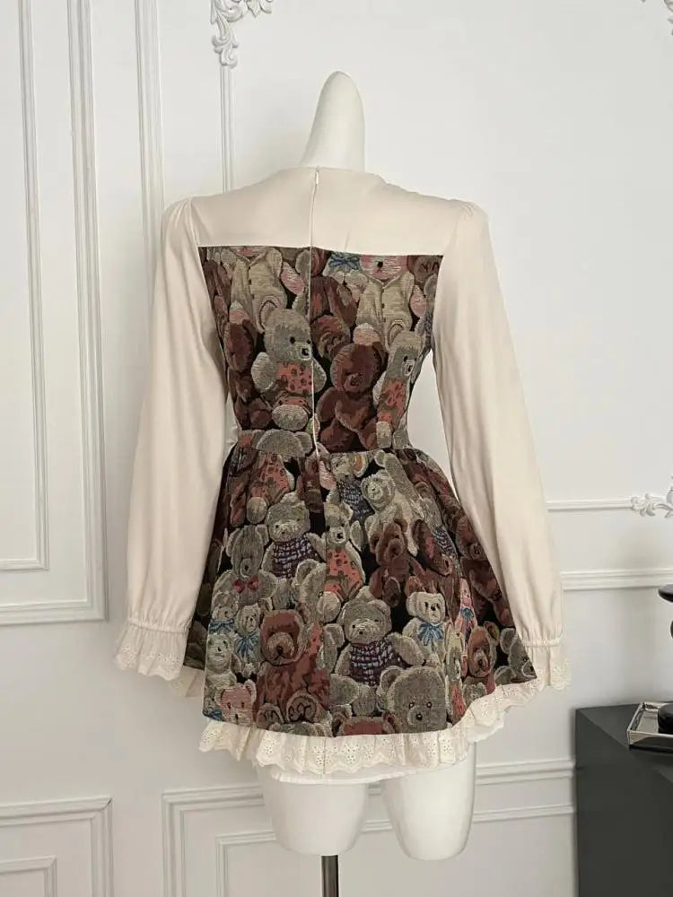French Retro Women Fashion Beige Floral Patchwork Lace Mini Dress Autumn Winter Sweet Long Sleeved Ruffles Bow Short Dress Boho