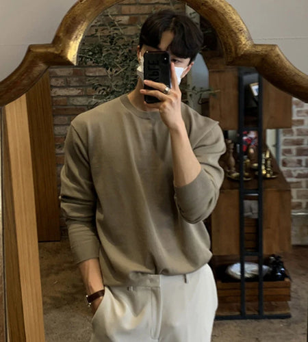 Korean Style Men's Sweater Loose Round Collar Knitted Solid Color Male Pullover Casual Tops New Autumn Simple 9C7801