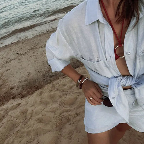 Load image into Gallery viewer, Summer Beach Two Piece Sets Women Long Sleeve Shirt And Mini Skirt Female See Through Loose 2 Piece Set Beachwear
