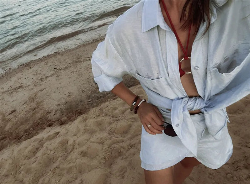 Summer Beach Two Piece Sets Women Long Sleeve Shirt And Mini Skirt Female See Through Loose 2 Piece Set Beachwear