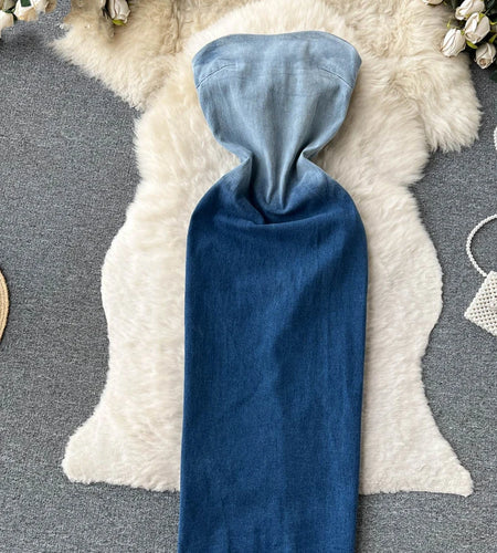 SINGREINY Summer Gradient Strapless Sexy Denim Dress Women Sleeveless Bodycon Jeans Sundress Fashion Split Backless Long Dress