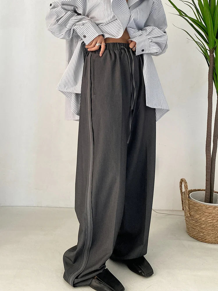 High Elastic Waist Gray Brief Long Wide Leg Pants New Loose Fit Trousers Women Fashion Tide Spring Autumn 2025 1DF1148