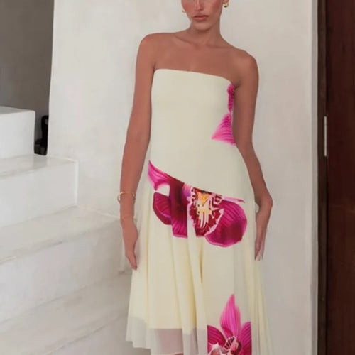 Load image into Gallery viewer, Floral Print Sexy Midi Dress Women Gown Summer New Strapless Off-shoulder Sleeveless Backless Irregular Ruffle Dress
