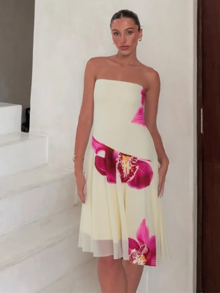 Floral Print Sexy Midi Dress Women Gown Summer New Strapless Off-shoulder Sleeveless Backless Irregular Ruffle Dress