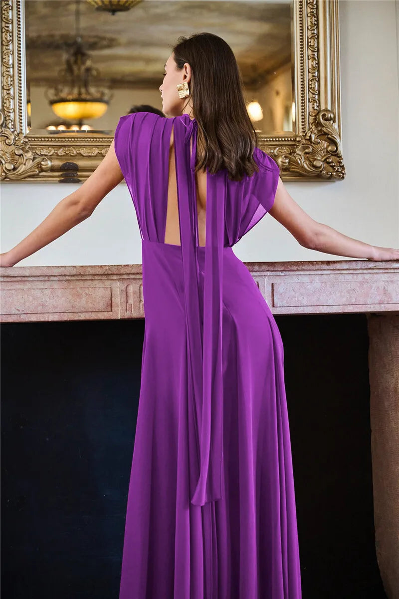 Deep V Neck High Split Sexy Maxi Dress For Women Fashion Purple Sleeveless Backless Long Tank Dress Femme Elegant Dress