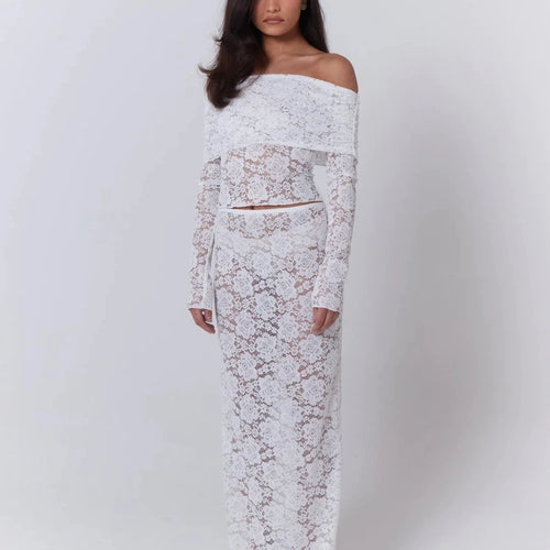 Load image into Gallery viewer, Elegant Lace Patchwork Long Sleeved Two Piece Set Women Slim Fit One Line Neck Top Tight Long Skirt Set Party Clubwear
