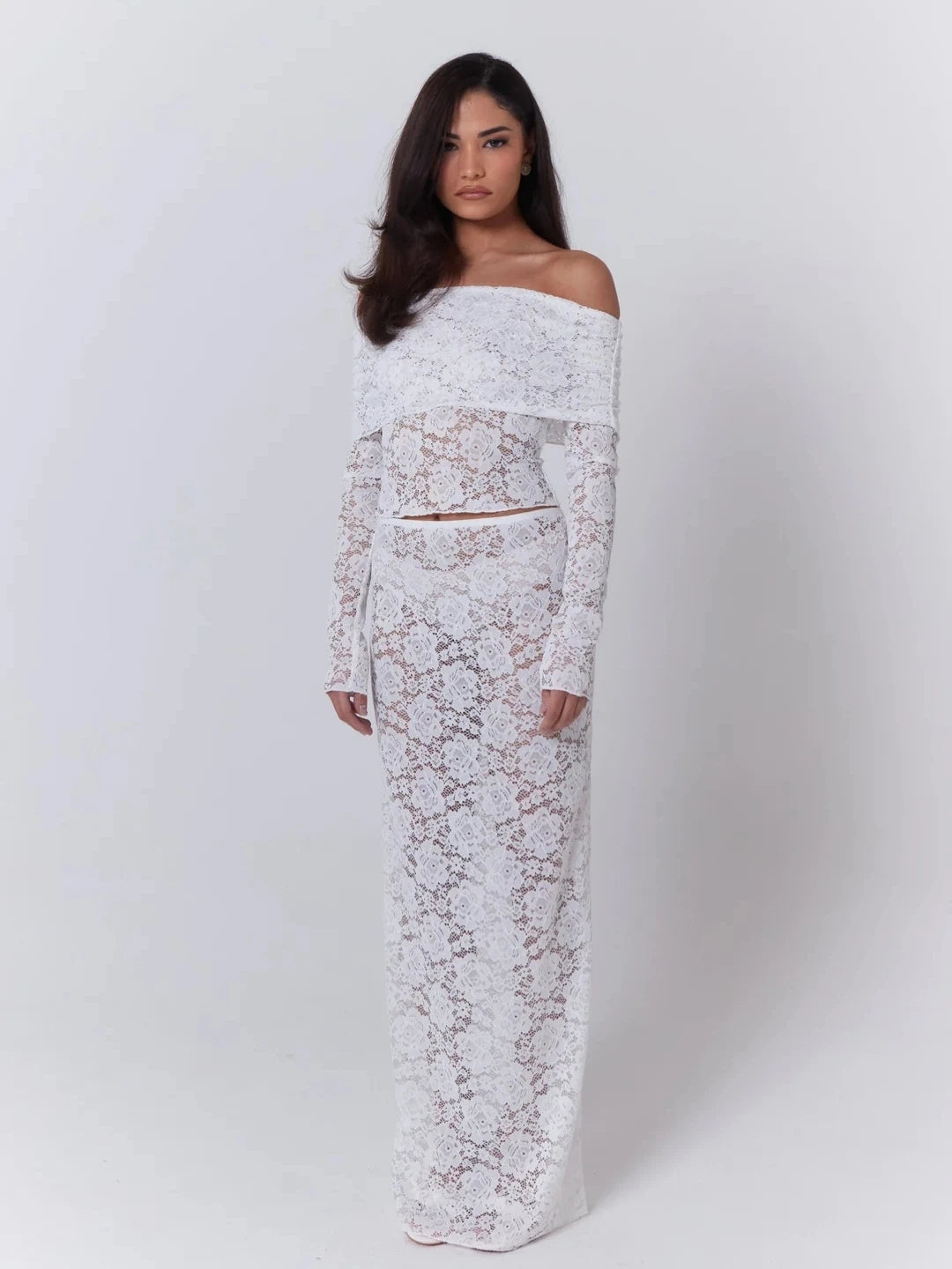 Elegant Lace Patchwork Long Sleeved Two Piece Set Women Slim Fit One Line Neck Top Tight Long Skirt Set Party Clubwear